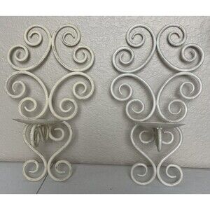 Wrought Iron Sconce Wall Hanging Pillar Candle Holder Set 2 White Scroll Nouveau